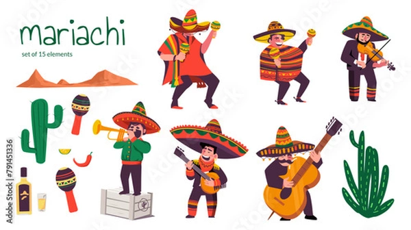 Fototapeta Mexican mariachi musicians with folk instruments. Set of vector elements isolated on a white background.