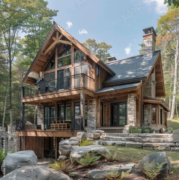 Fototapeta Modern rustic mountain house designed in a modern way, glass, garden with trees
