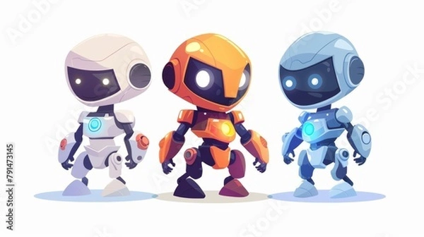 Fototapeta Artificial intelligence posters with cute robots. Intelligent robots in science and business. Modern cartoon illustration with futuristic bots.