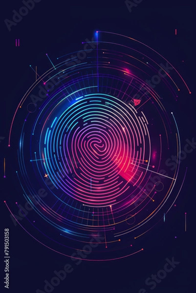 Obraz Envision a minimalist design featuring geometric shapes and vibrant colors. At the center of the composition is a stylized fingerprint or iris scan, symbolizing biometric security measures. 