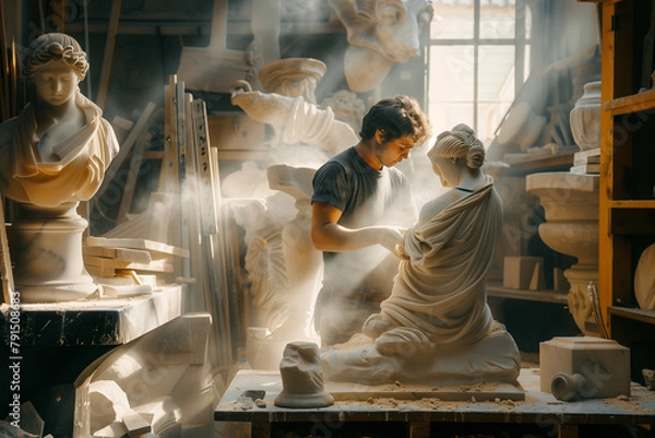 Fototapeta Sculptor at Work in Dusty Studio Carving Marble Statue

