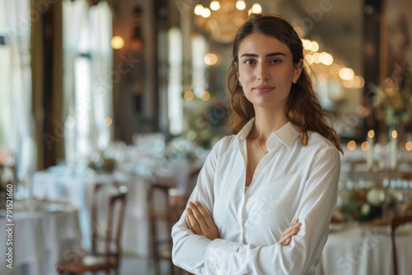 Fototapeta Portrait of a poised event planner, standing in an elegant venue, arms crossed, orchestrating the details for a memorable occasion. Looking into the camera