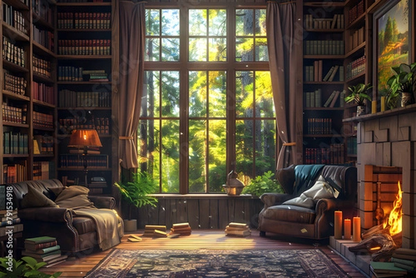 Obraz A cozy reading nook with a large window.