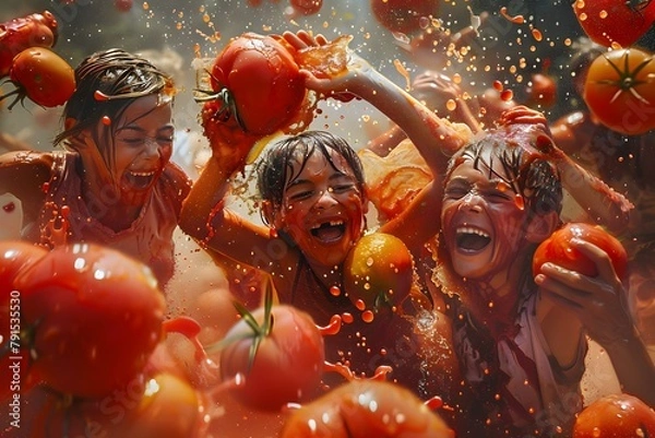 Obraz Celebrating La Tomatina with tomatoes.
