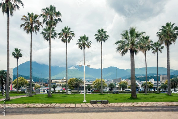 Fototapeta palm trees in the foreground and mountains in the background against a cloudy sky.