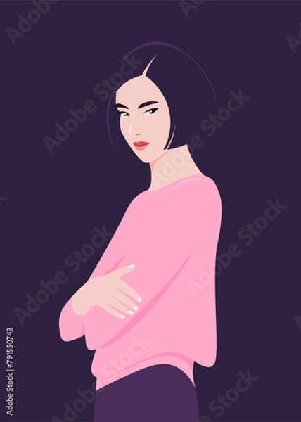 Fototapeta An Asian woman thinks and makes a decision. Problems and their solution. Vector flat illustration