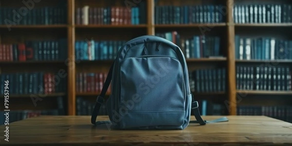 Fototapeta A single blue backpack on a wooden table with a blurred bookshelf background in a library.