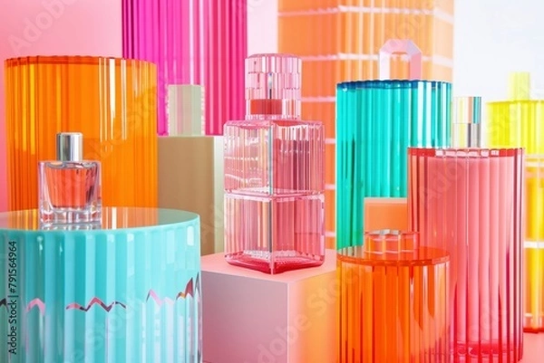 Fototapeta Geometric product presentation pedestal. A game of shapes and bright colors created by acrylic glass. Ribbed patterns provide a creative scene for beauty products - generative ai