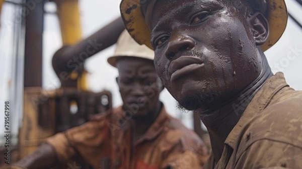 Fototapeta Resilient Spirits: Close-Up Portrait of Oil Rig Workers Amidst Grit and Grime