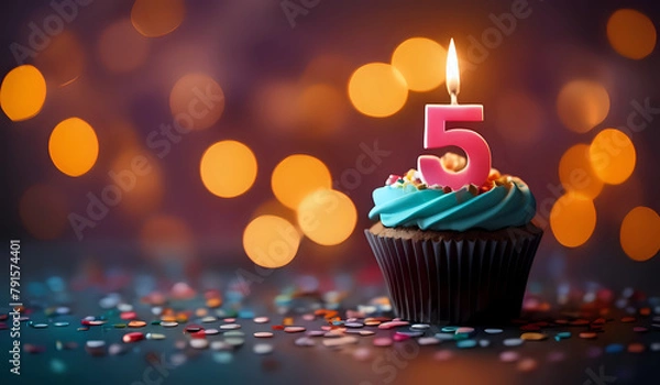 Obraz Birthday cupcake with lit birthday candle. Number five for five years or fifth anniversary.