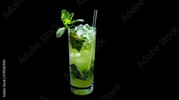 Fototapeta Mojito cocktail, mixed drink with mint and lime, dark background, studio shot