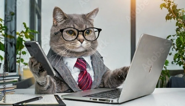 Obraz ノートパソコンと携帯で仕事をする猫