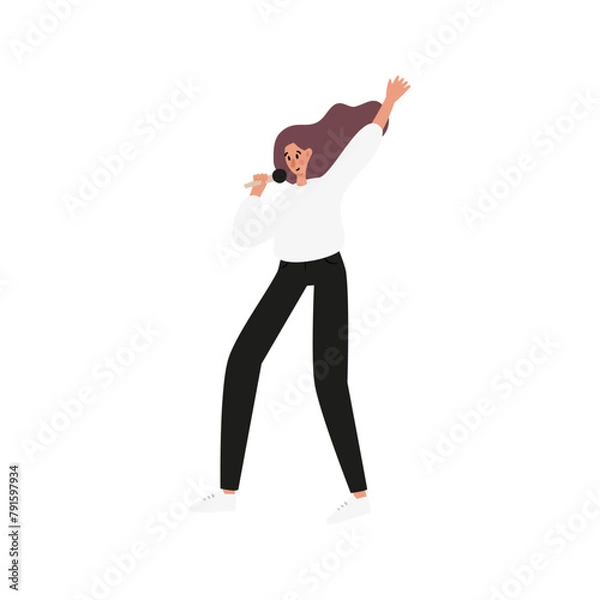 Fototapeta Summer open-air festival set, music concert in park clipart, singer and musicians playing instruments on stage, people dancing, enjoying food and drink, having fun vector illustrations