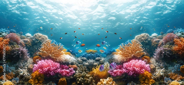Fototapeta A vibrant underwater coral reef bustling with marine life and colorful corals. Generative AI.