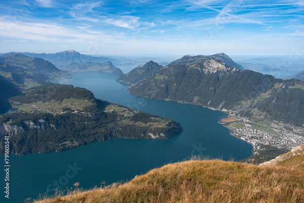 Fototapeta Lake in a valley seen from Fronalpstock summit in Switzerland. Swiss Alps iconic view