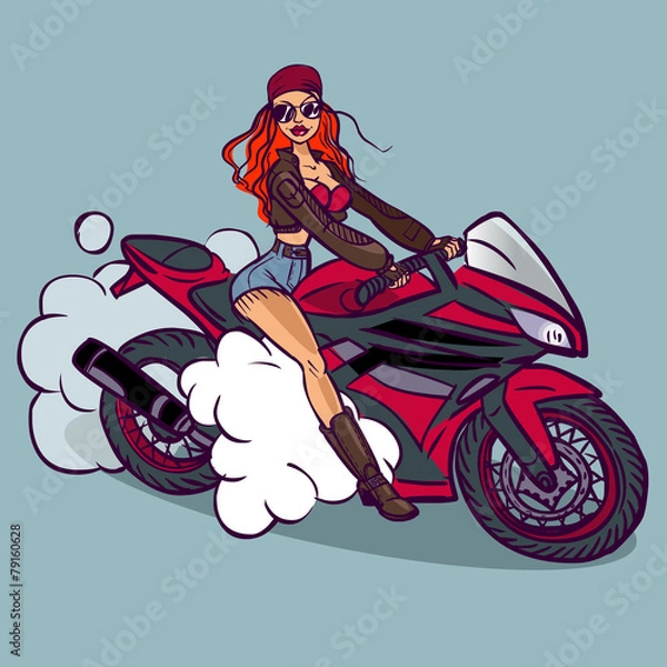 Obraz Funny vector cartoon colorfull biker girl in pin-up style isolat