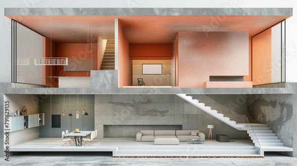 Obraz House concept. Sliced house with interior. 3d illustration