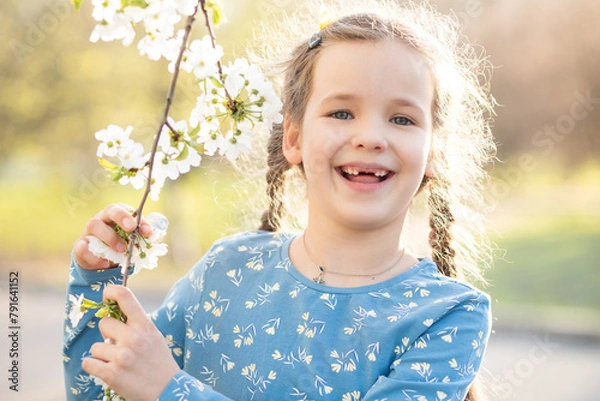 Obraz Beautiful girl laughs. The child is missing two front teeth. The girl is 7 years old. Blooming apple tree on the background.

