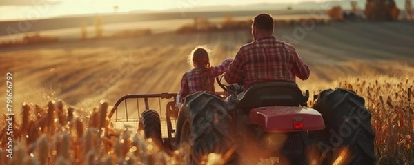 Obraz A back view of the farmer father riding tractor with him daughter.