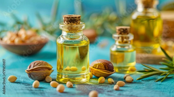 Obraz Argan seeds and argan oil in transparent glass bottles on blue background. Usage of argan oil in cosmetology, wellness and spa. International Day Of Argania cdelebrating concept. Generative AI.