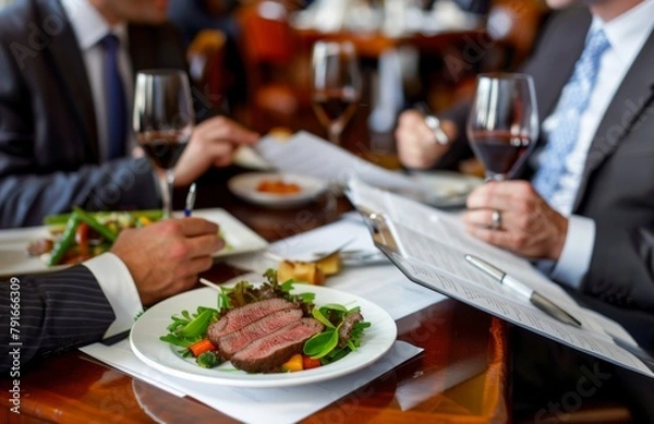 Fototapeta Business professionals engage in discussion over a dinner meeting, highlighted by a perfectly cooked steak