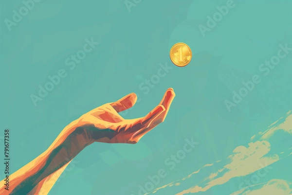 Fototapeta A coin gracefully ascends above a hand against a sky-blue backdrop, illustrating the airy moment of chance associated with flipping a coin