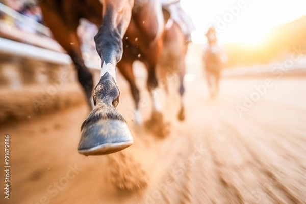 Fototapeta Horse Racing Close-up. Hooves Pounding the Track