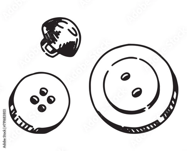 Obraz Buttons sketch set. Sewing craft, tailor equipment doodles. Outline vector illustration in retro engraving style.
