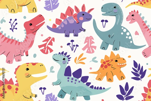 Fototapeta Childish seamless pattern with colorful dinosaurs
