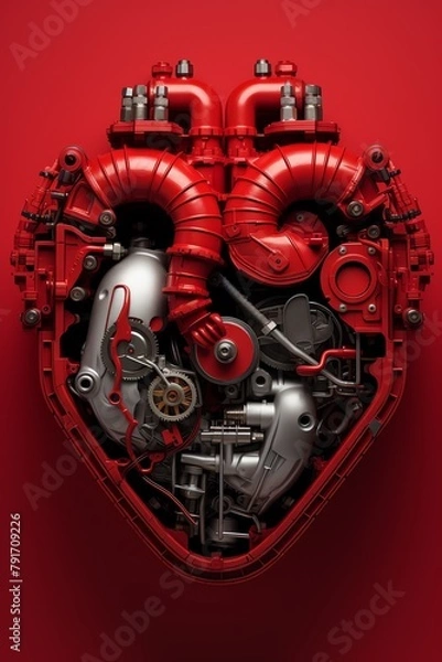 Fototapeta a red metal heart with gears and pipes