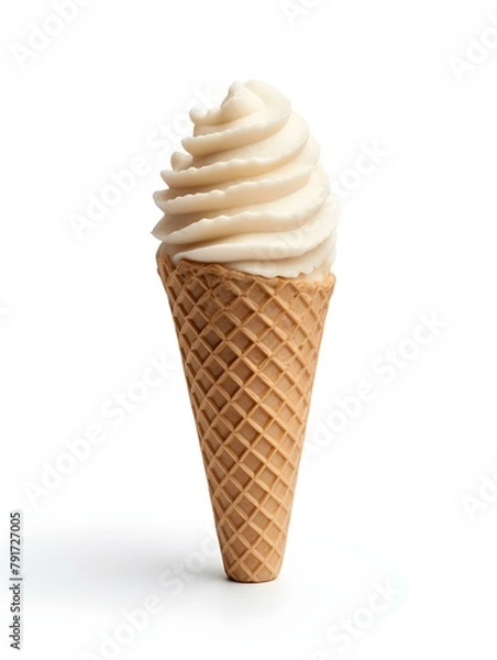 Fototapeta Beige Ice Cream in a Waffle Cone on a white Background. Template with Copy Space