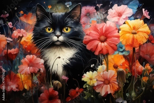 Obraz cat and flowers