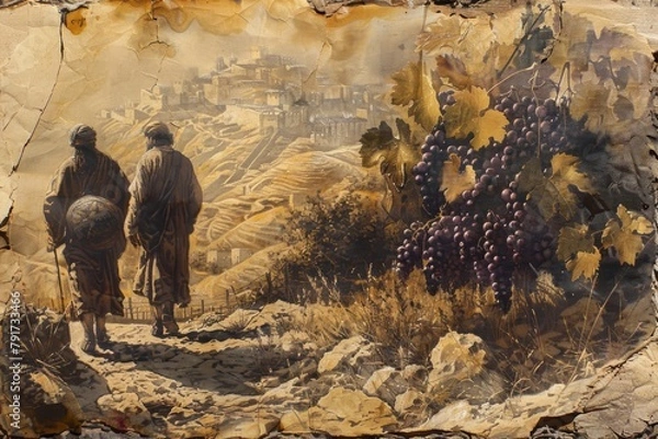 Fototapeta Joshua and Caleb Returning with Grapes from Canaan on Old Paper

