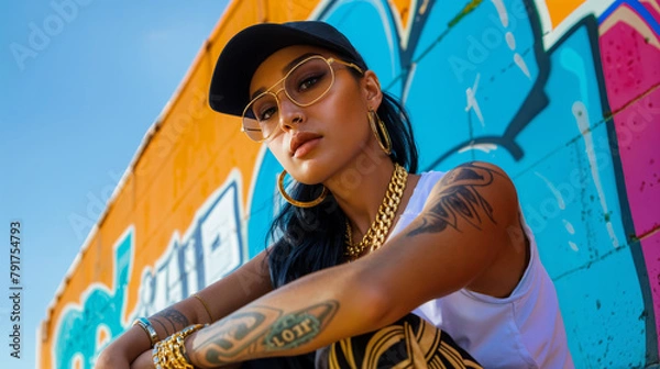 Fototapeta woman rapper crouching in a gangsta pose against graffiti wall, generative ai