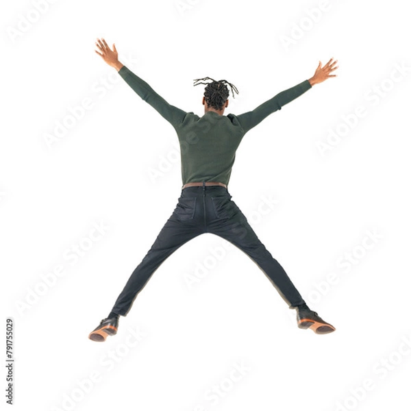 Fototapeta ジャンプする黒人男性の後ろ姿　手作業で精密に切り抜いた背景透過全身写真PNG