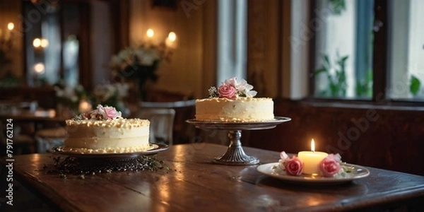 Fototapeta  assortment of gourmet desserts, prominently featuring a layered cake , placed on a plate that sits on a table. 