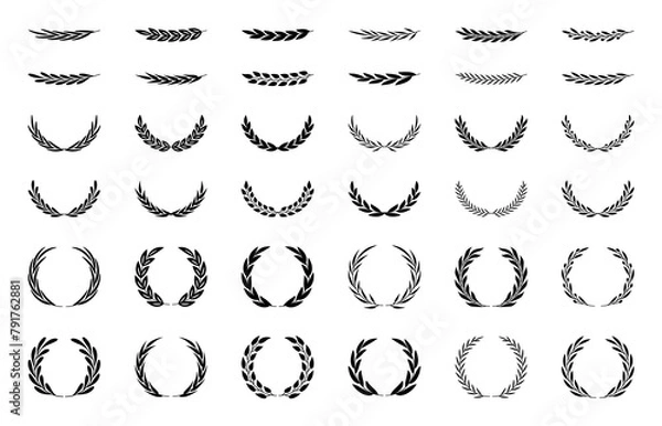 Obraz Set of wreaths and branches with leaves. Hand drawing laurel wreaths and branches collection. Laurels wreaths, swirls, twigs and flower ornaments. Herbs, flowers and plants elements. Design elements.