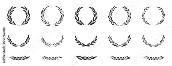 Obraz Set of wreaths and branches with leaves. Hand drawing laurel wreaths and branches collection. Laurels wreaths, swirls, twigs and flower ornaments. Herbs, flowers and plants elements. Design elements.