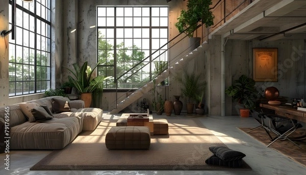 Fototapeta A chic, modern loft-style living room featuring stark Brutalist design elements, cozy seating arrangements, expansive windows, and lush indoor plants creating a welcoming yet contemporary space.
