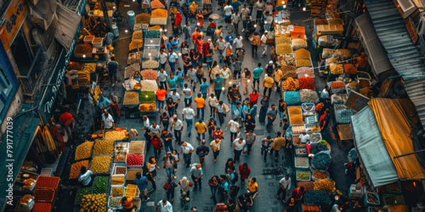 Fototapeta Busy Market Street Seen from Above with a Diverse Crowd of People Shopping and Walking at Different Times of Day