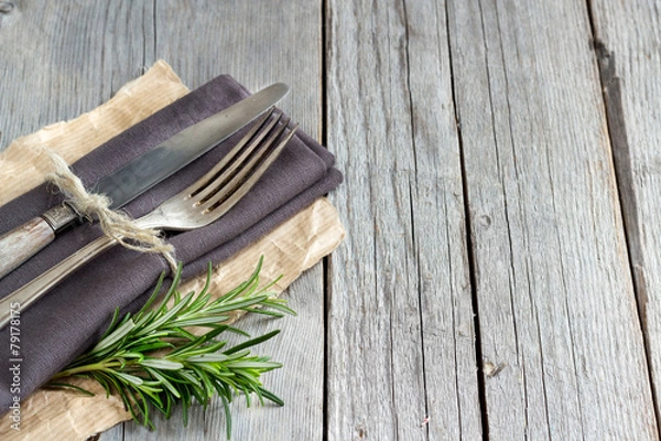 Fototapeta Vintage Table setting with rosemary decor