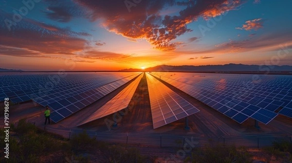 Fototapeta Endless Rows of Solar Panels Capturing the Last Rays of Sun at Dusk