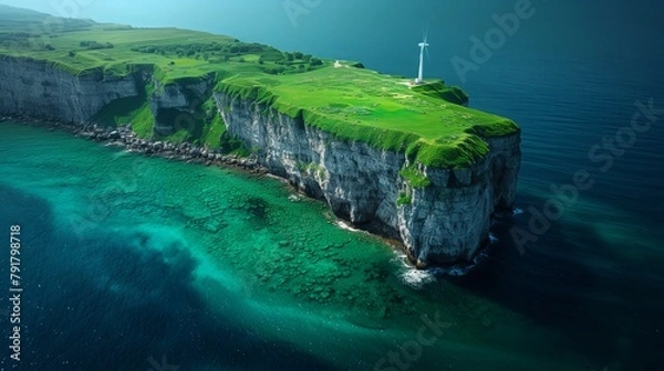 Fototapeta Idyllic Coastal View Featuring a Lighthouse on a Grassy Cliff Above Turquoise Waters