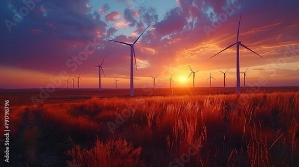 Fototapeta Contemplative Figure Standing Amidst Wind Turbines as the Sun Sets with Dramatic Clouds