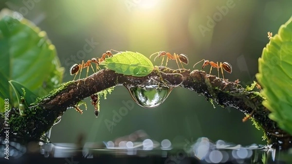 Fototapeta Ants Collaboratively Building a Leaf and Twig Bridge Over a Water Droplet