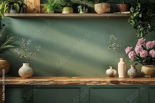 Fototapeta A serene composition of various ceramic vases and greenery on a wooden shelf against a calming teal backdrop, adding a touch of elegance to any decor