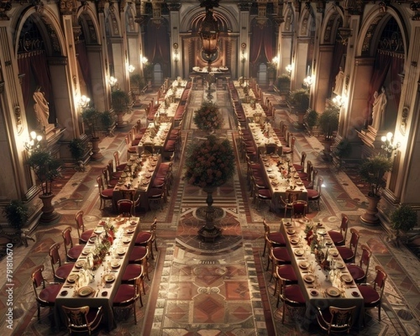 Fototapeta Capture a mesmerizing aerial view of a grand banquet hall featuring historical dishes inspired by the Renaissance era, using photorealistic digital rendering