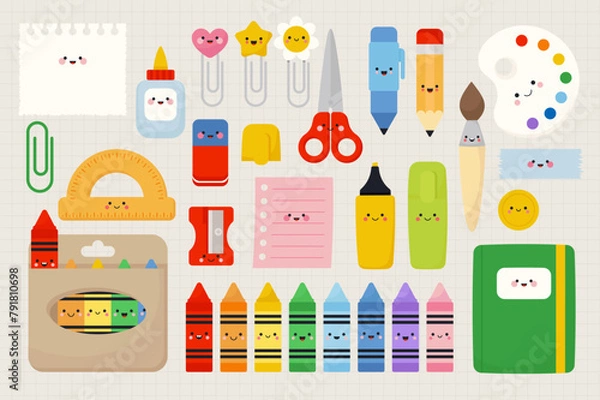 Fototapeta Cute school supplies characters set. Vector illustrations in kawaii style