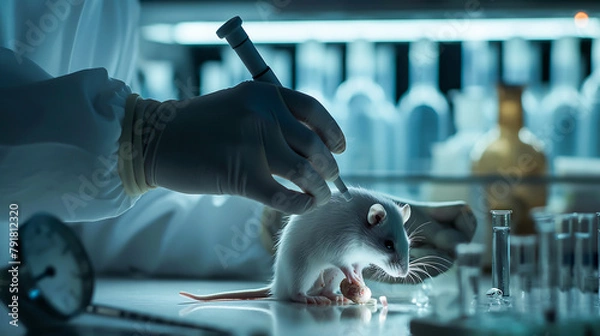 Fototapeta Mouse for experiment in laboratory. Research on laboratory animals, Animal testing concept