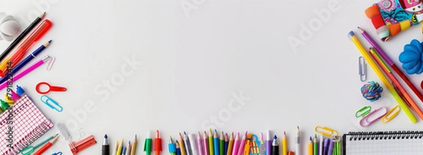 Fototapeta School supplies double border banner. Top view on a white background with copy space. Back to school concept.